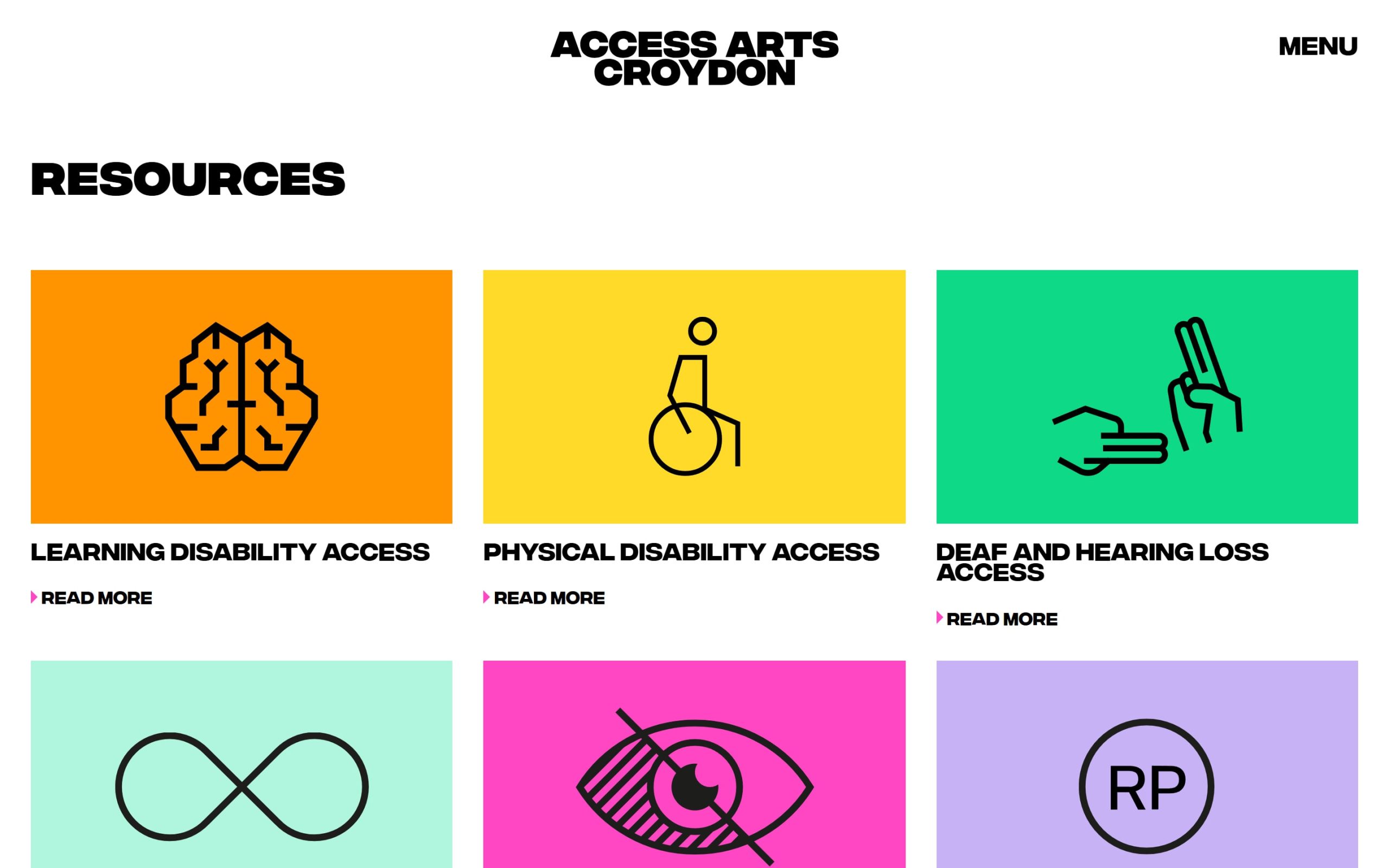 Access Arts Croydon Resources page with colour-coded tiles for learning disability, physical disability and deaf and hearing loss access