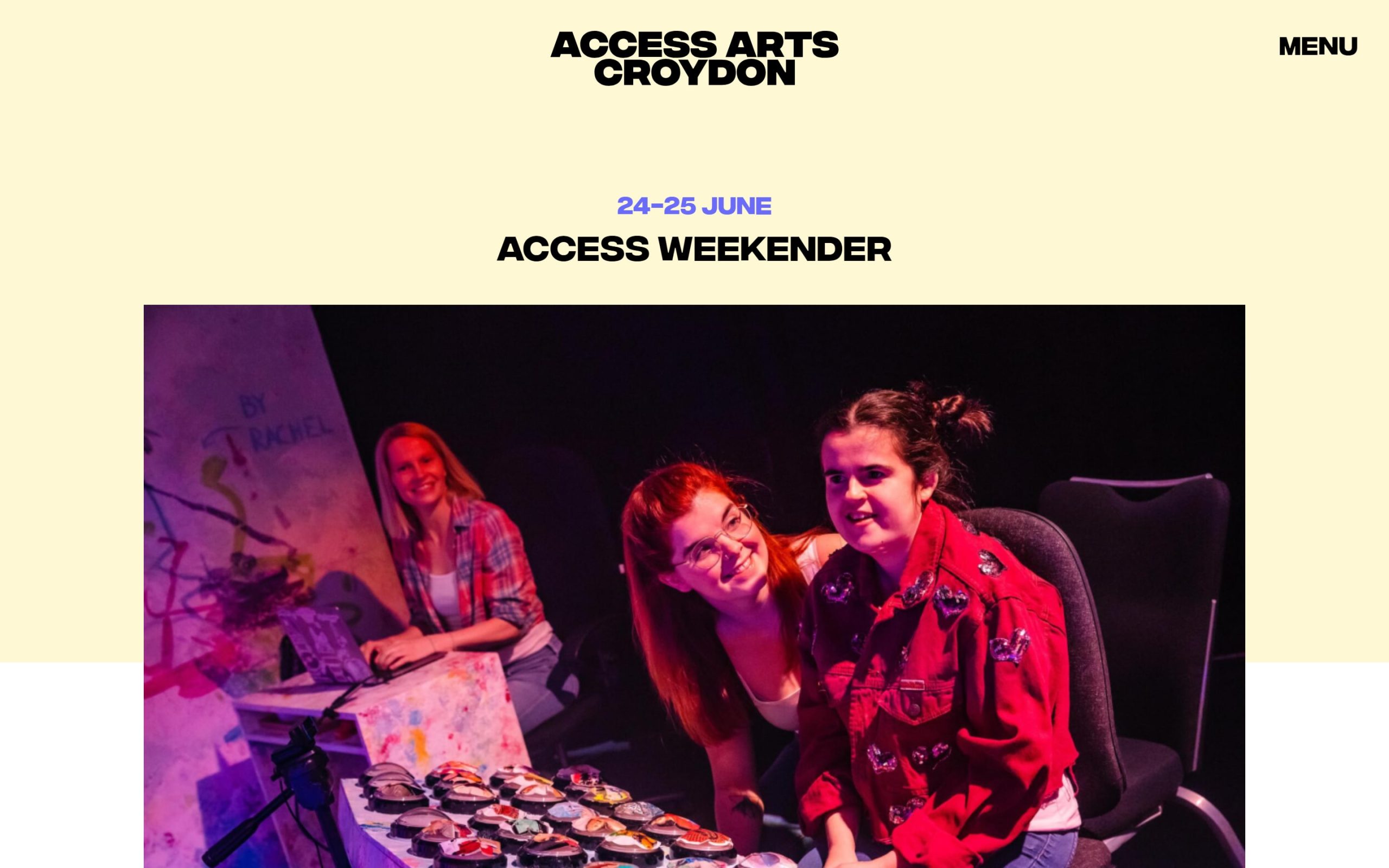 Access Arts Croydon Access Weekender event page with a photo from a workshop