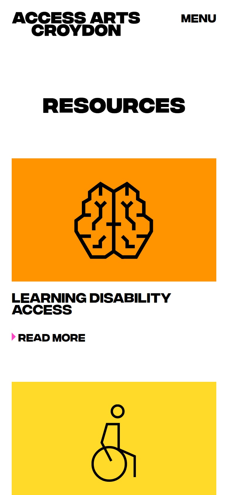 The Access Arts Croydon Resources page on a phone