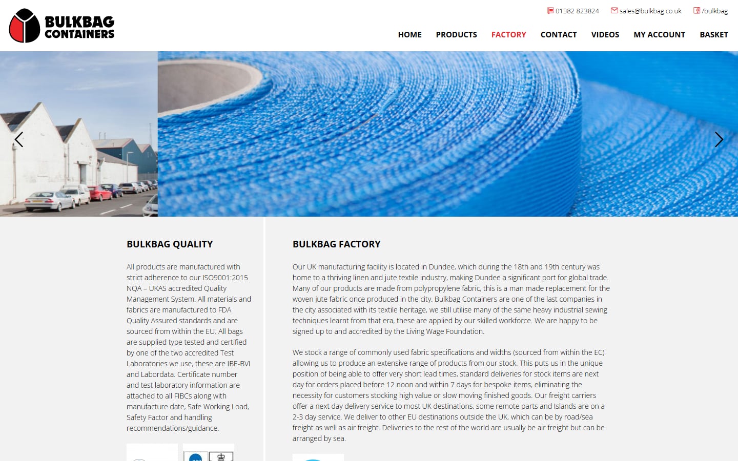 Bulkbag Containers factory page with a photo of blue woven polypropylene fabric