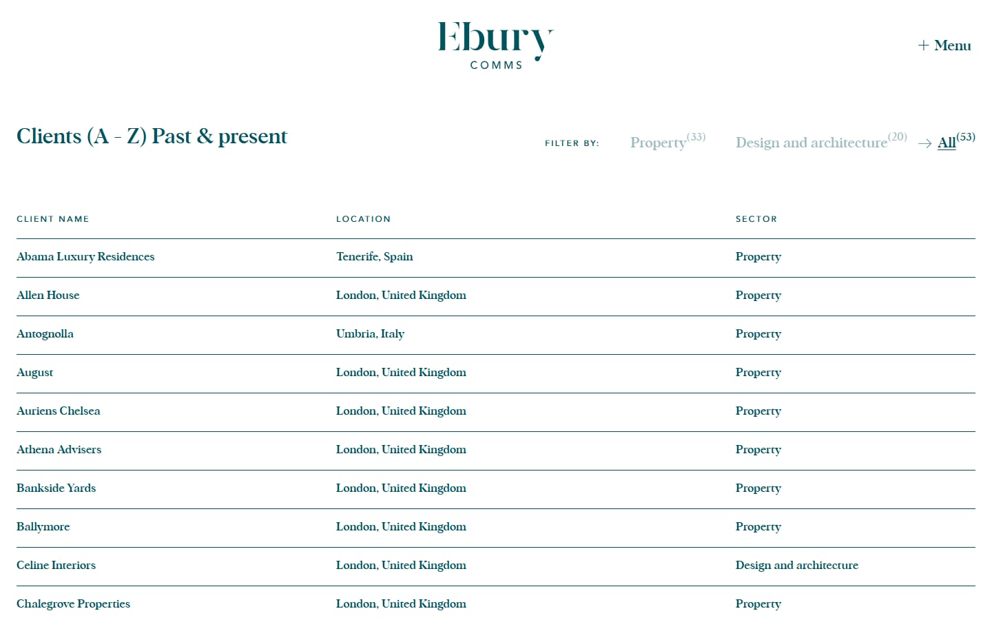 Ebury Comms A–Z client list with sector filters