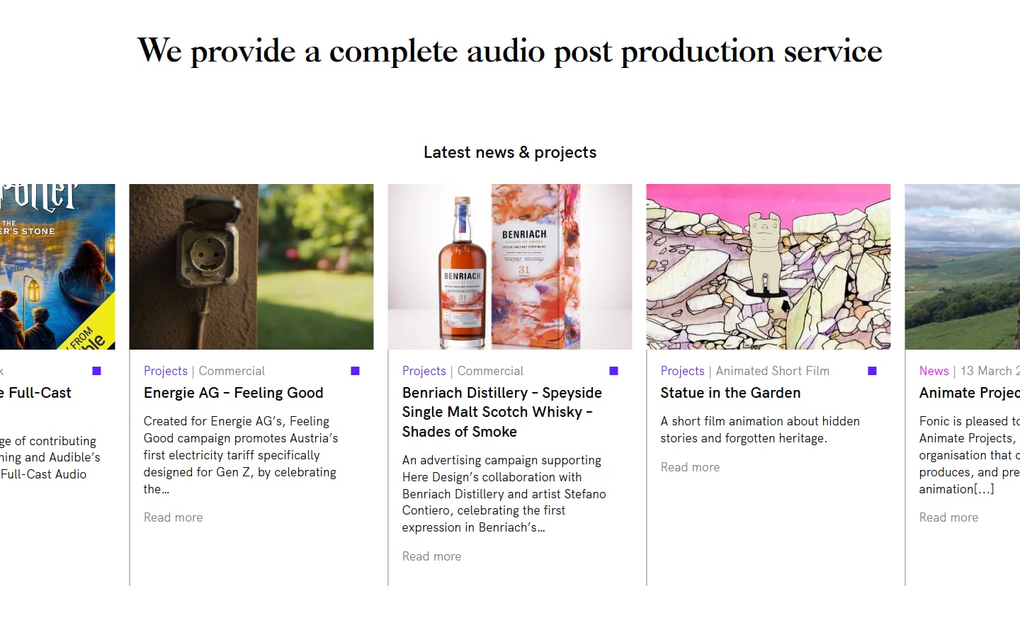 Fonic homepage 'Latest news & projects' carousel showing project cards for Energie AG, Benriach and Statue in the Garden