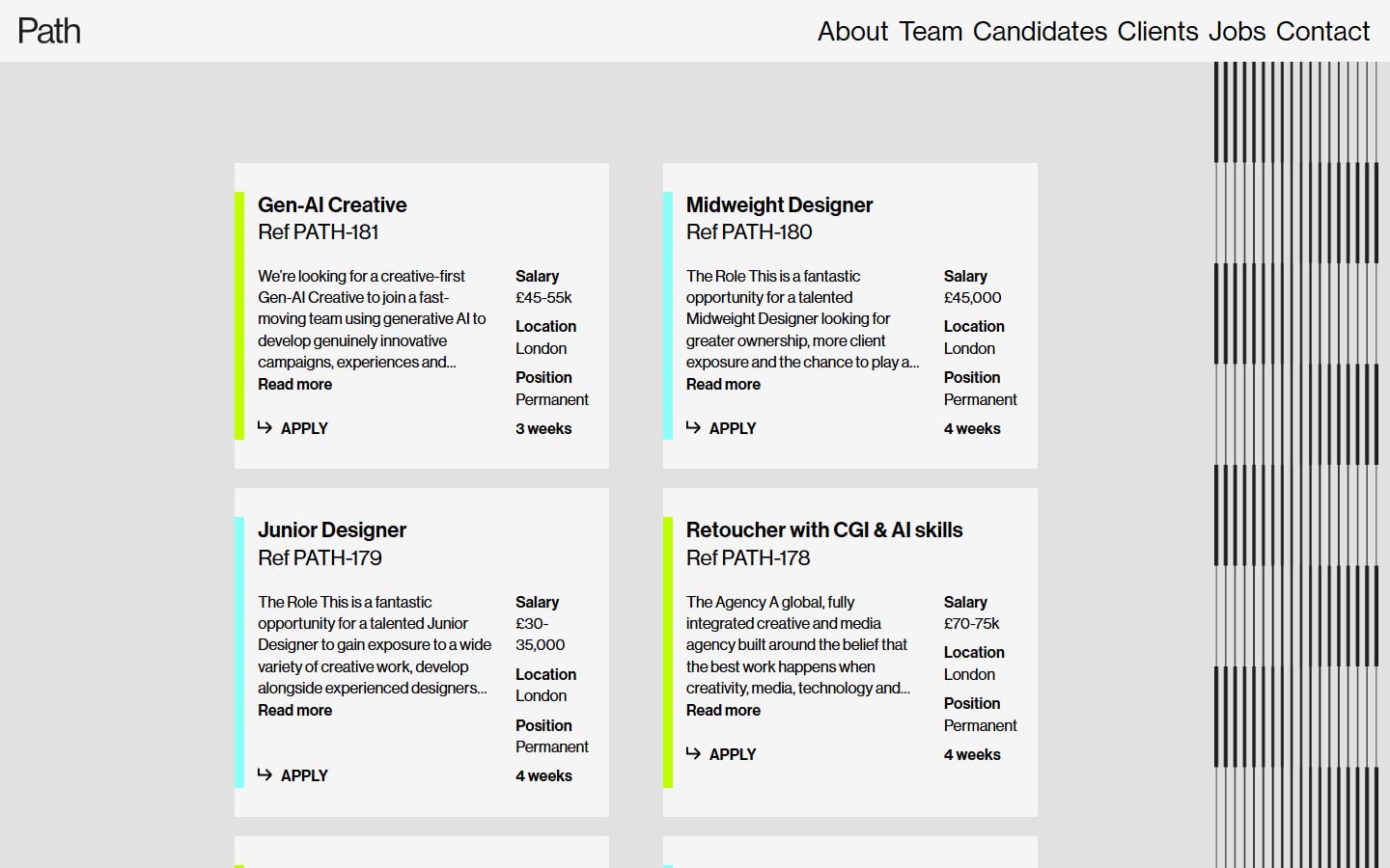 Path jobs board: cards for Gen-AI Creative, Midweight Designer, Junior Designer and Retoucher roles