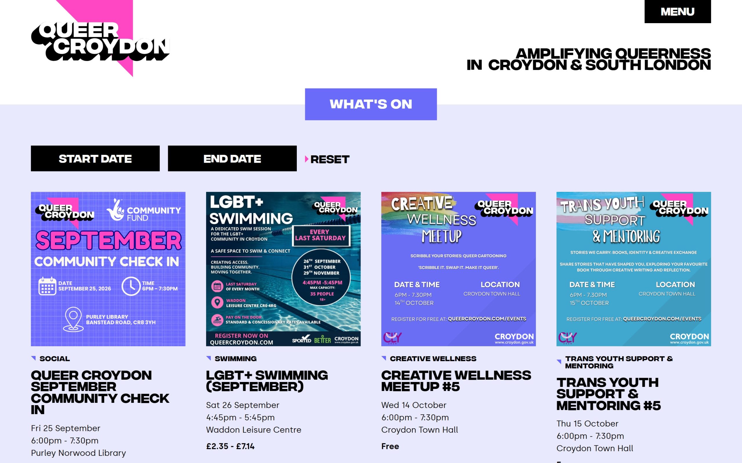 Queer Croydon What's On page with start and end date filters and event cards