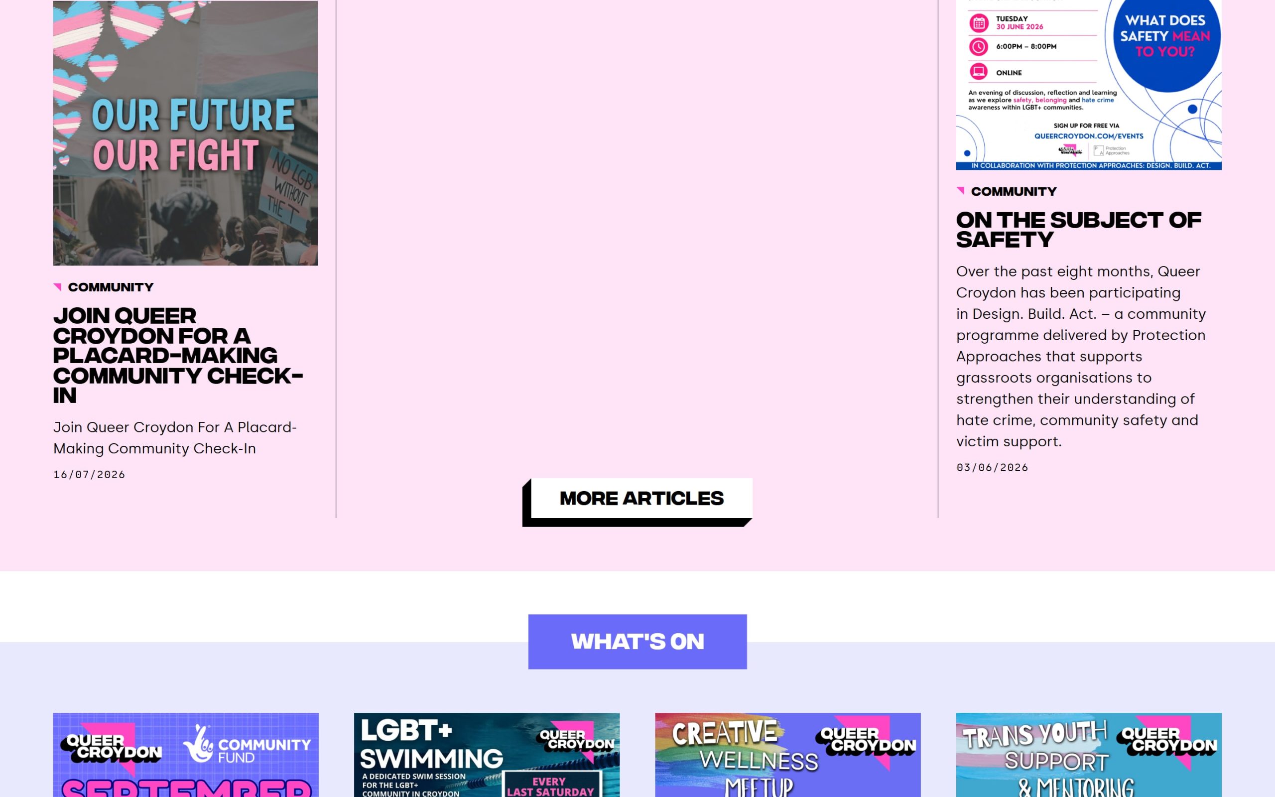 Queer Croydon homepage articles and What's On section