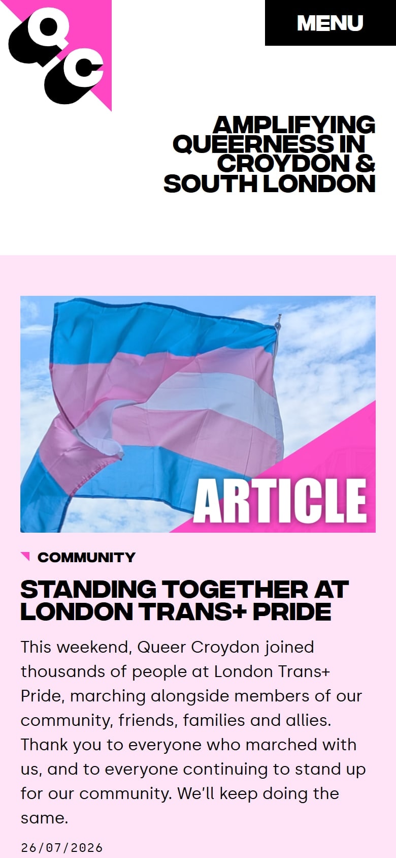 The Queer Croydon homepage on a phone