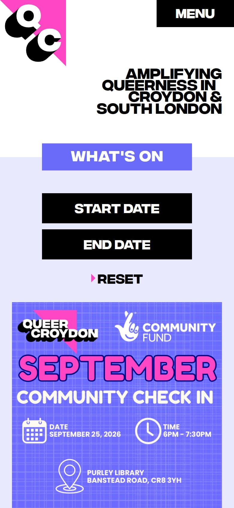 The Queer Croydon What's On page, with date filters on a phone