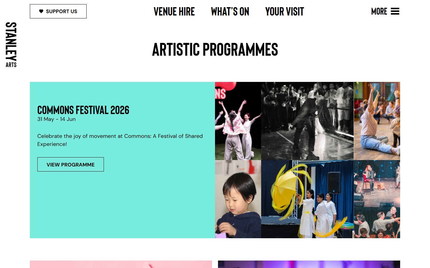 Stanley Arts Artistic Programmes page featuring the Commons Festival 2026