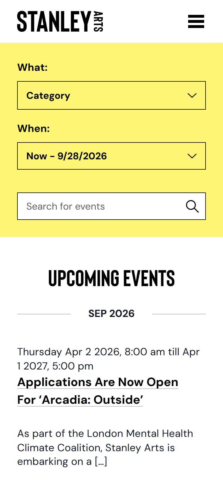 The Stanley Arts What's on page, with event filters on a phone